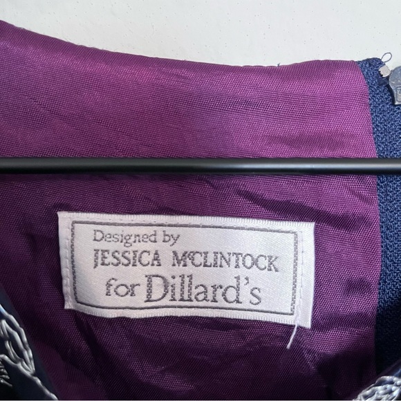 Vintage Jessica McClintock 90s Navy Purple Dress Sliver Floral Pattern Gown y2K - Picture 6 of 12